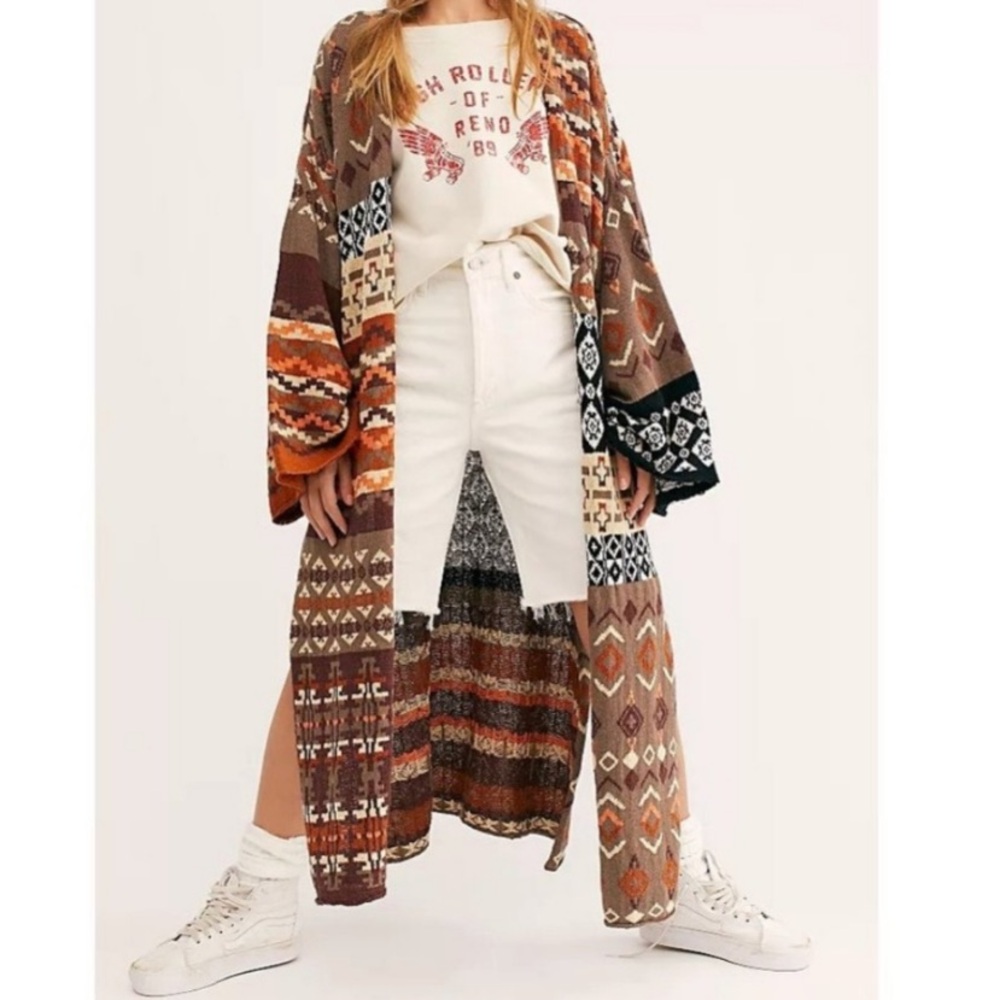 Free People Landmark Cardigan Maxi Mix Geo Print Guadalajara Combo XS  NWT $298